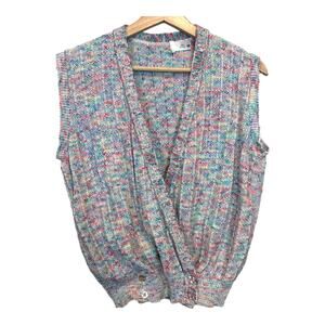 Vintage 80s 90s Rainbow Confetti Sweater Vest Sleeveless Cardigan Small S Y2K